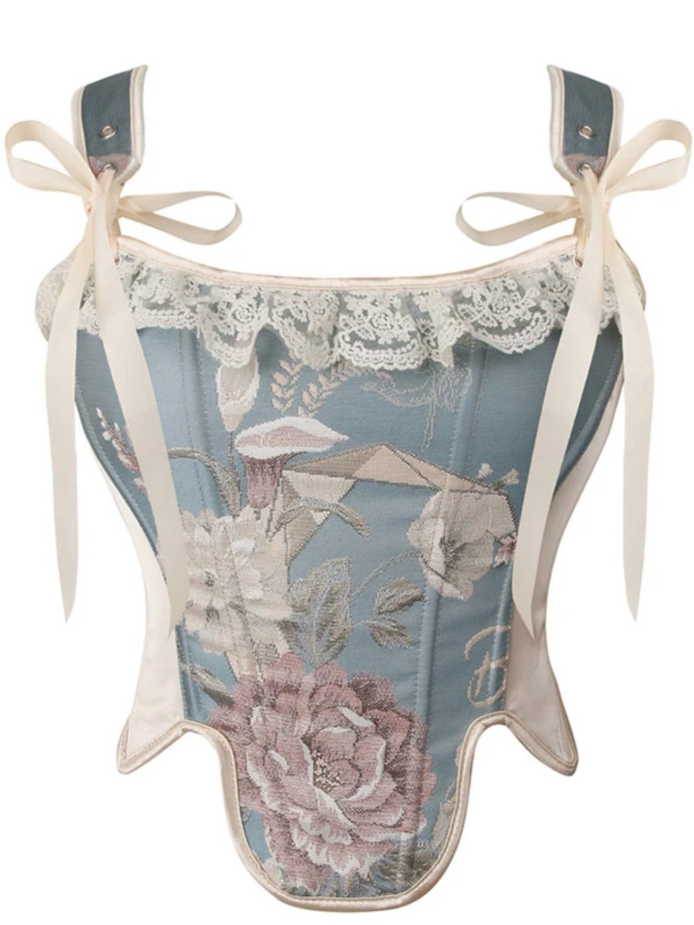 Victorian Coquette Cottagecore Floral Lace-Trim Boned Corset Bustier